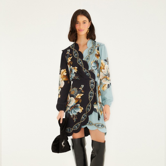 FARM Rio Dresses & Skirts - FARM Rio Mixed Snake Garden Wrap Wavy Minidress with Scalloped Edge